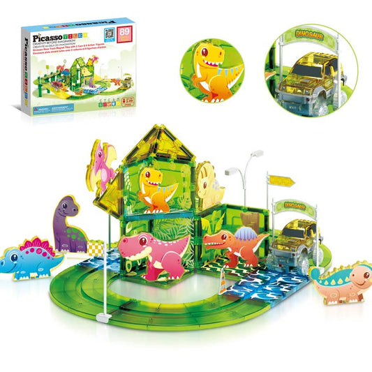 89pc Dinosaur Race Track Magnet Tiles Building Blocks Set