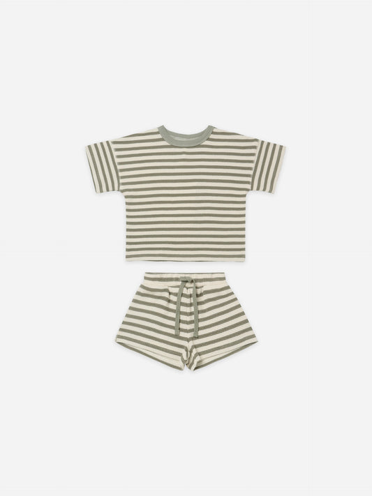 WAFFLE TEE + SHORT SET | SPRUCE STRIPE