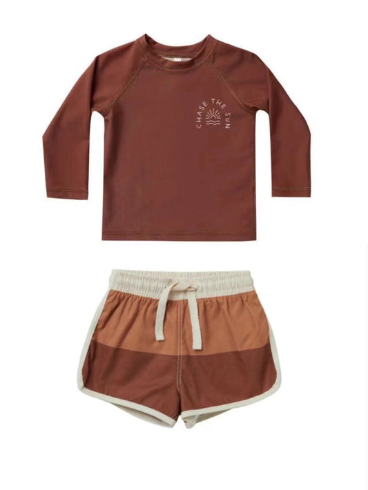 rashguard | redwood + swim trunk | colorblock