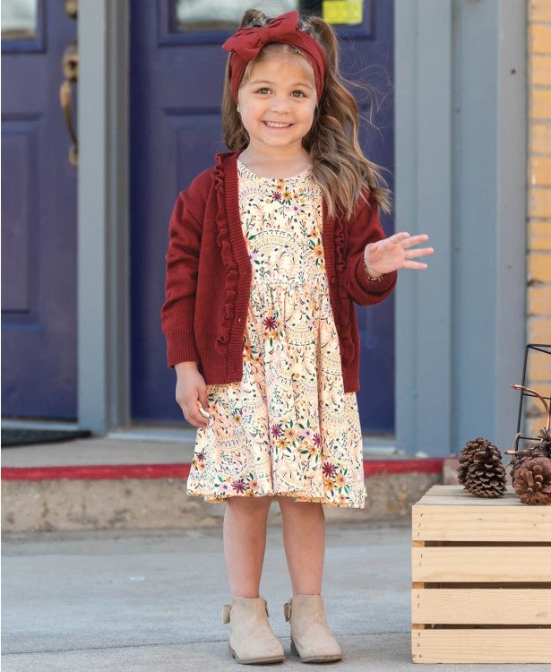 Rosewood Button V-Neck Ruffle Cardigan + Windsor Plaid Wave RuffleButt Set