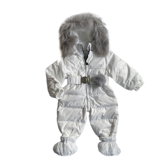 White One Piece Snowsuit with Grey Trim