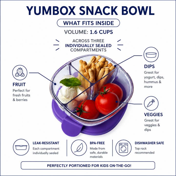 Compact Leakproof Snack Bowl with 3 Compartments Haze Purple