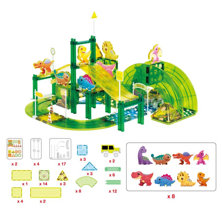 89pc Dinosaur Race Track Magnet Tiles Building Blocks Set