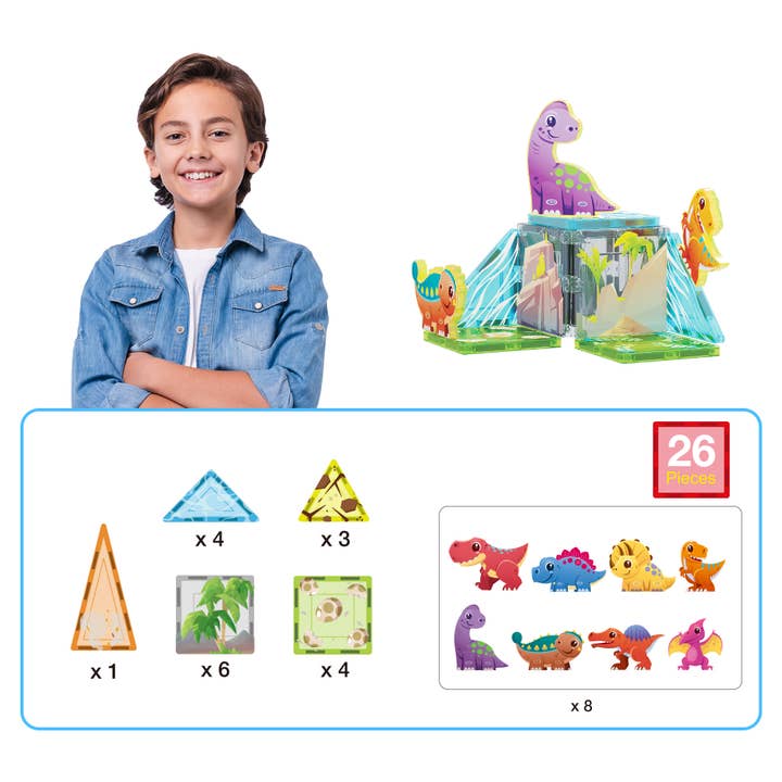 26pc Magnetic Tile Dino Theme Construction Block Set