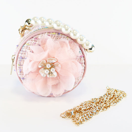 Big Flower Round Tweed Purse - Pink