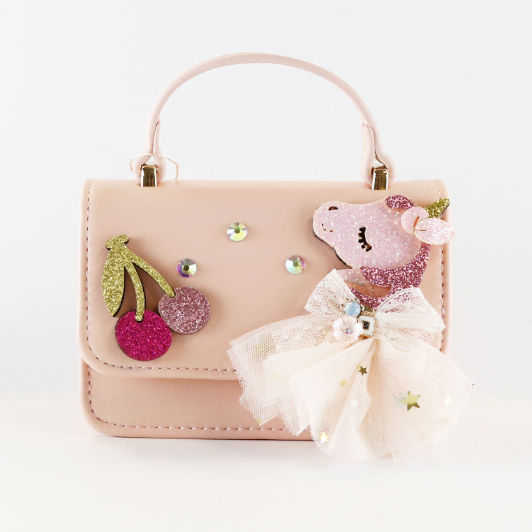 Unicorn & Cherry Applique Purse - Pink