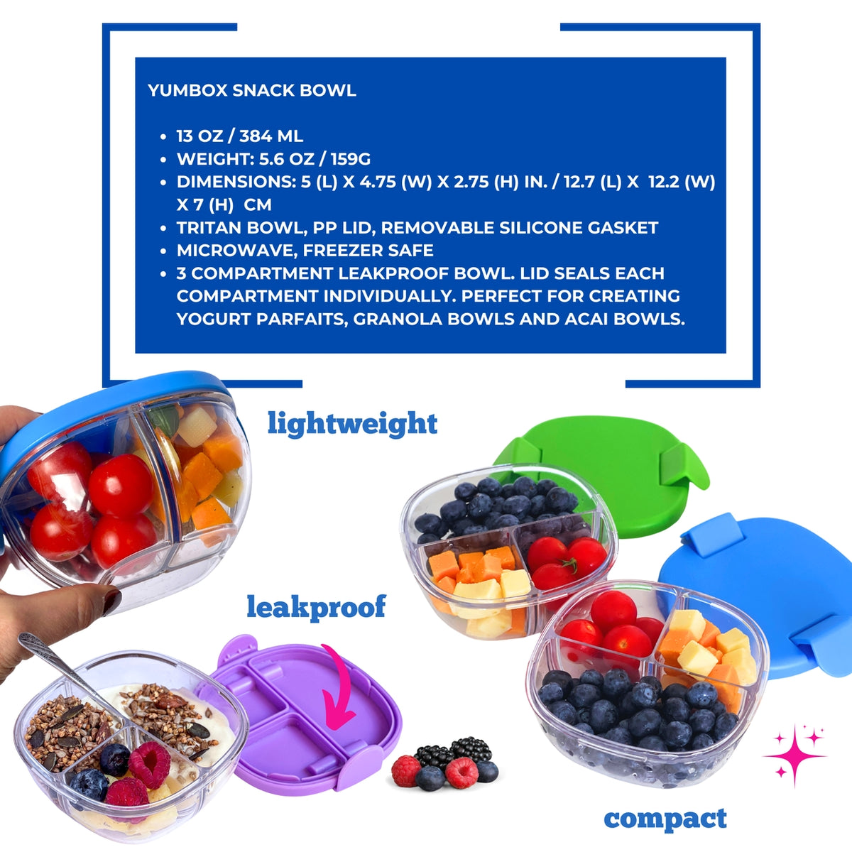 Compact Leakproof Snack Bowl with 3 Compartments Haze Purple