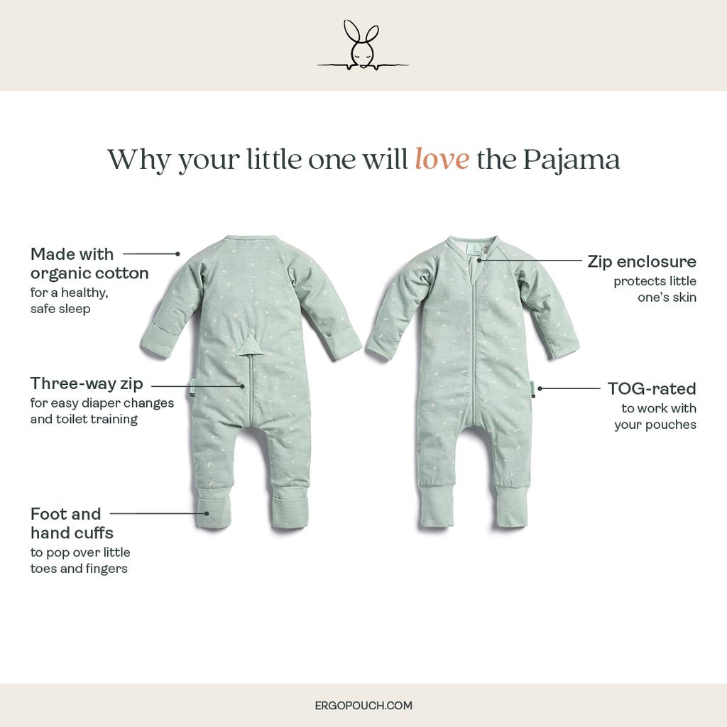Long Sleeve Organic Cotton Pajamas (1.0 Tog) - Sage with 3-way zip