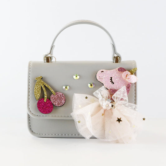 Unicorn & Cherry Applique Purse - Grey