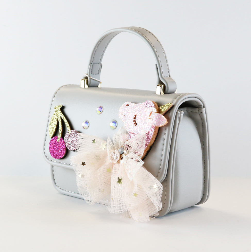 Unicorn & Cherry Applique Purse - Grey