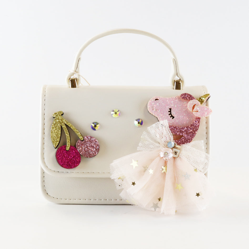 Unicorn & Cherry Applique Purse - Cream