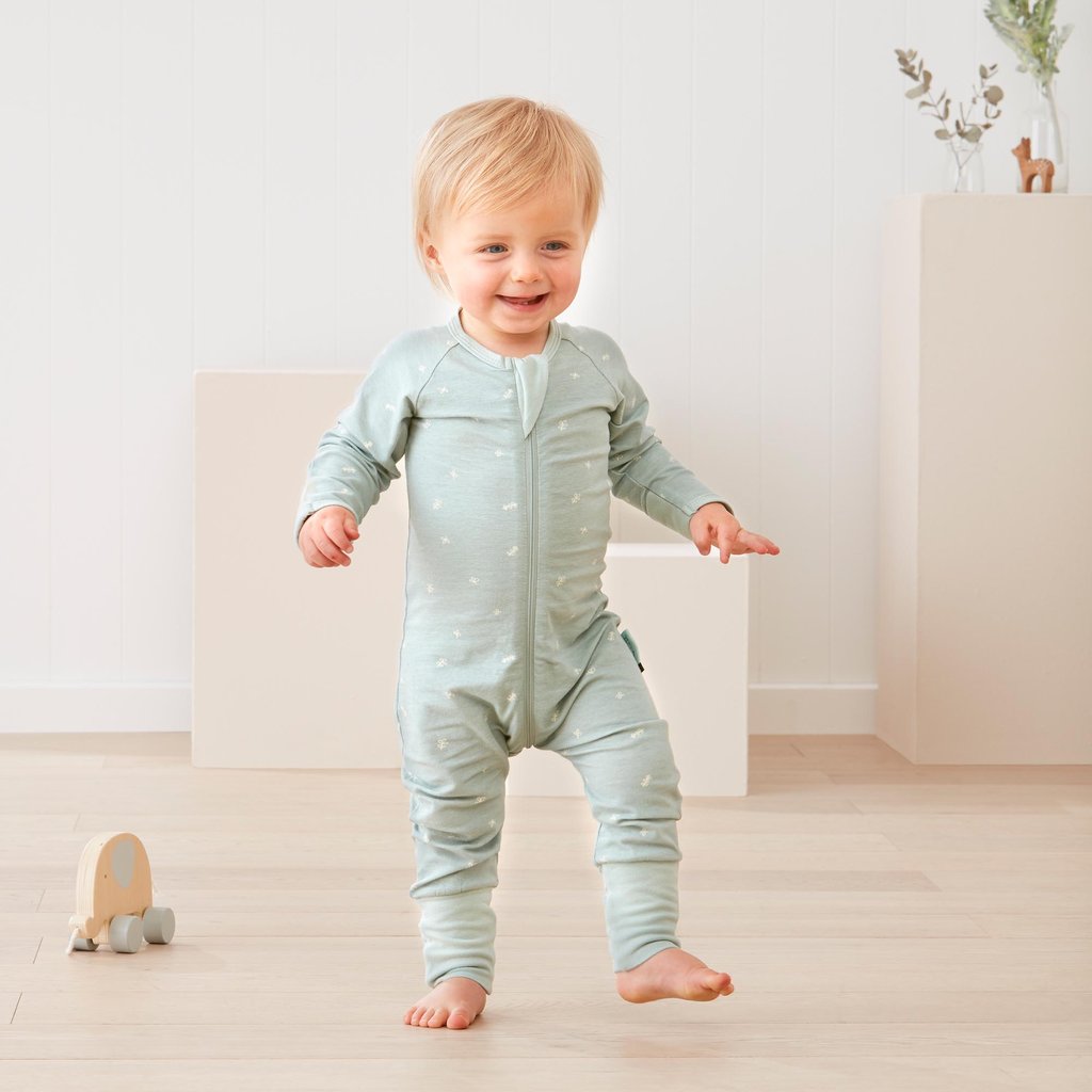 Long Sleeve Organic Cotton Pajamas (1.0 Tog) - Sage with 3-way zip
