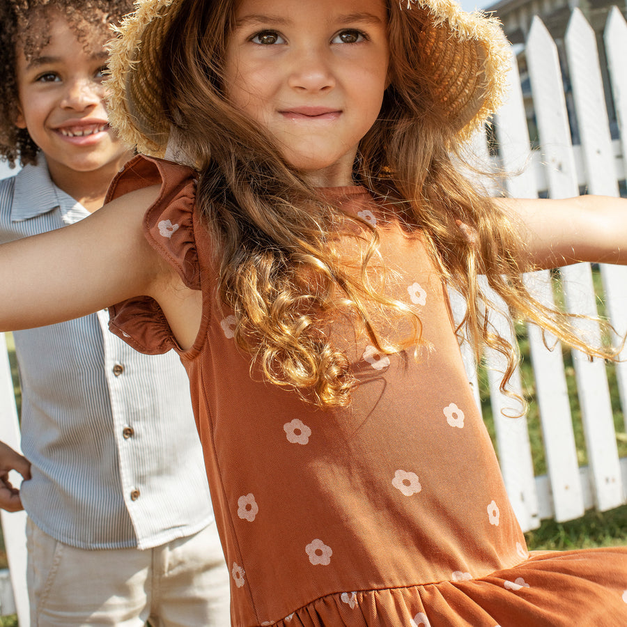 Retro Bloom Print on Sandstone Woven Lyocell Dress