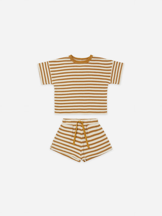 WAFFLE TEE + SHORT SET | OCRE STRIPE