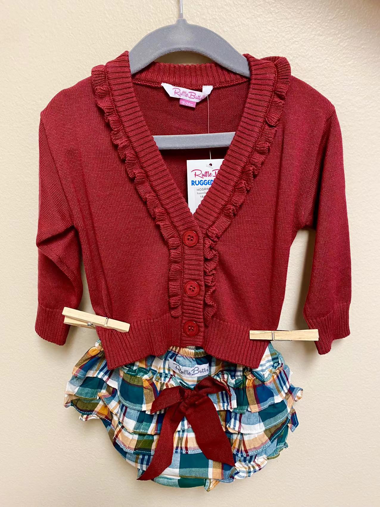 Rosewood Button V-Neck Ruffle Cardigan + Windsor Plaid Wave RuffleButt Set