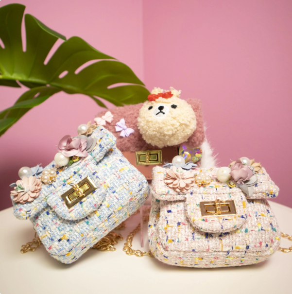 Mini Tweed Pearly Florals Crossbody - Pink