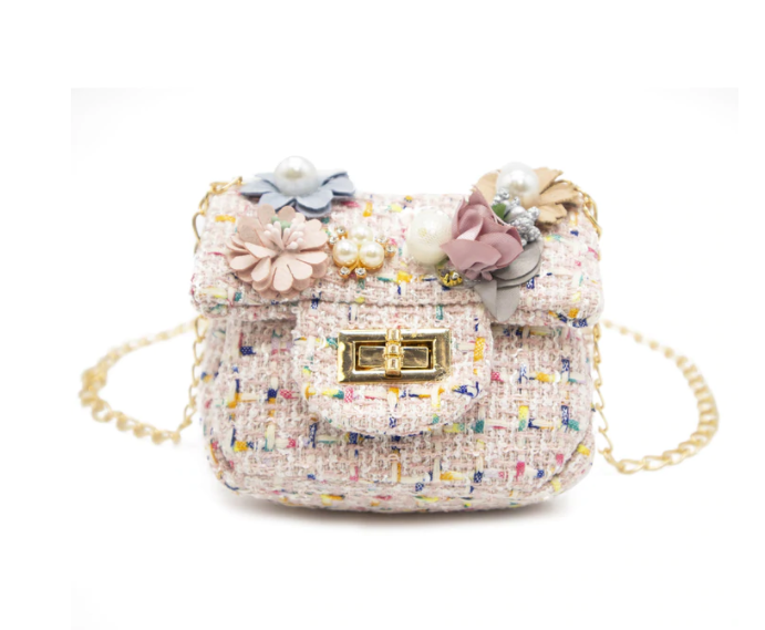Mini Tweed Pearly Florals Crossbody - Pink