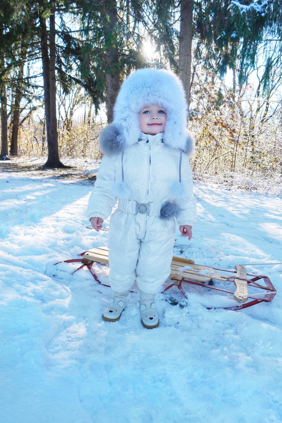 White One Piece Snowsuit with Grey Trim