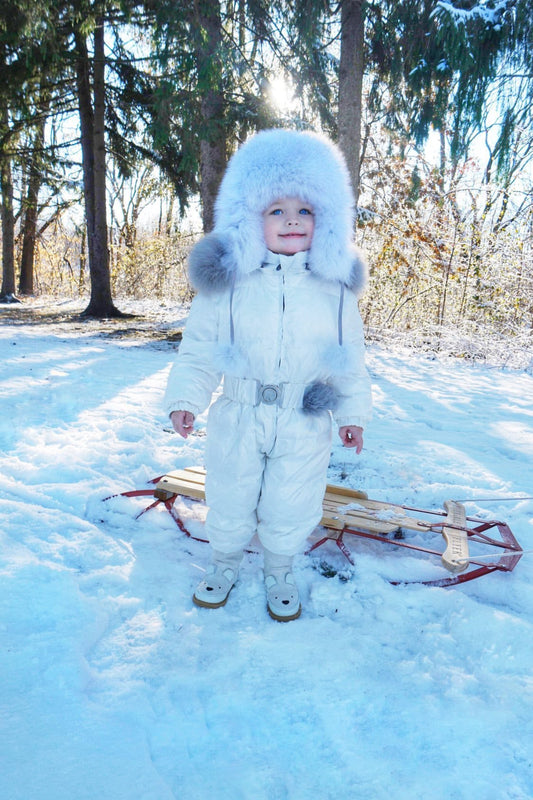 White One Piece Snowsuit with Grey Trim