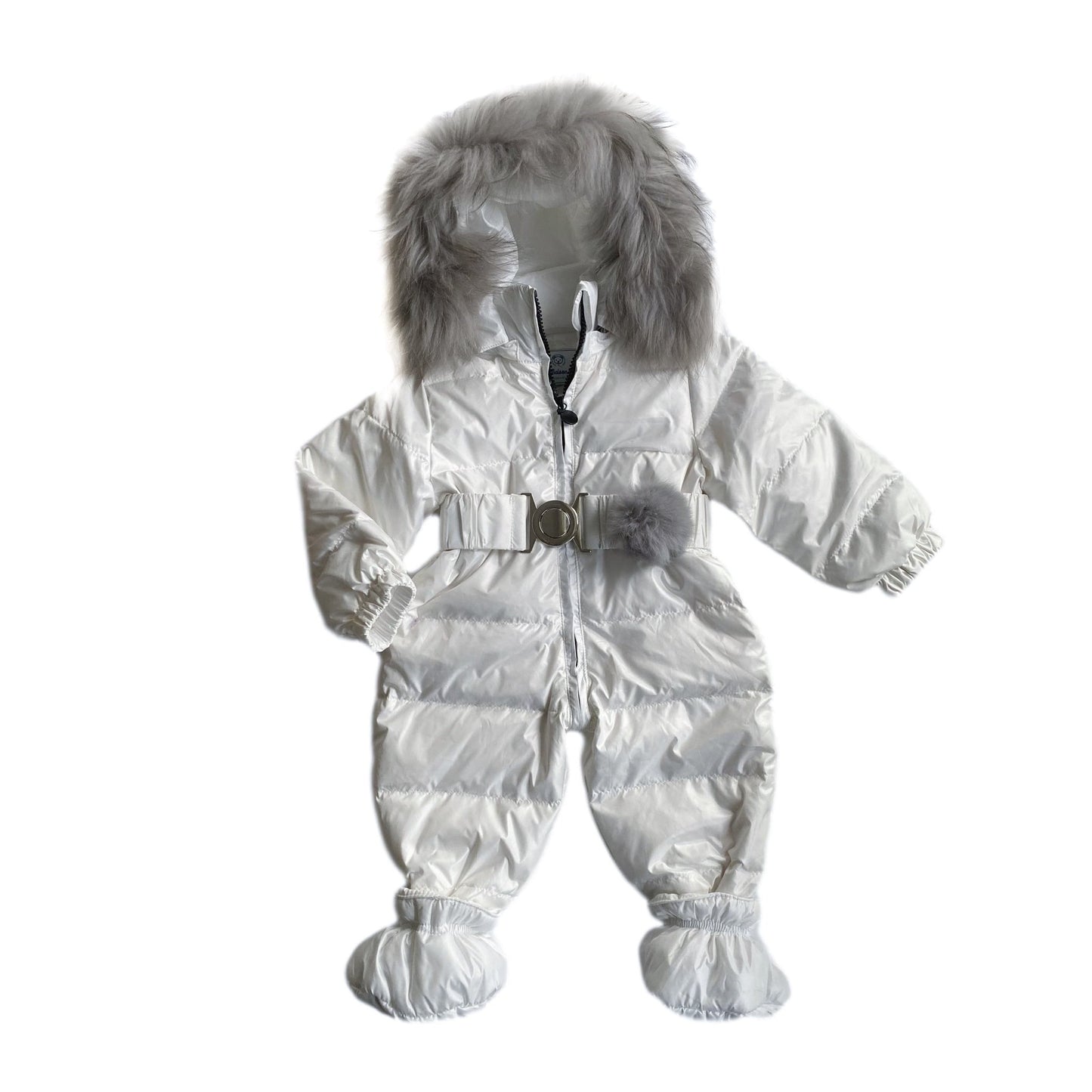 White One Piece Snowsuit with Grey Trim