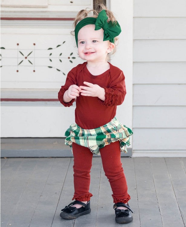 Rosewood Button V-Neck Ruffle Cardigan + Windsor Plaid Wave RuffleButt Set