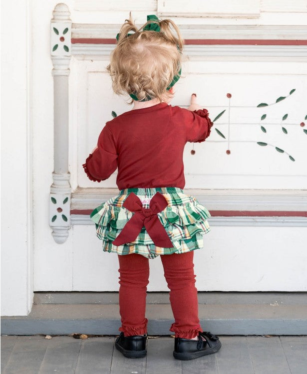 Rosewood Button V-Neck Ruffle Cardigan + Windsor Plaid Wave RuffleButt Set